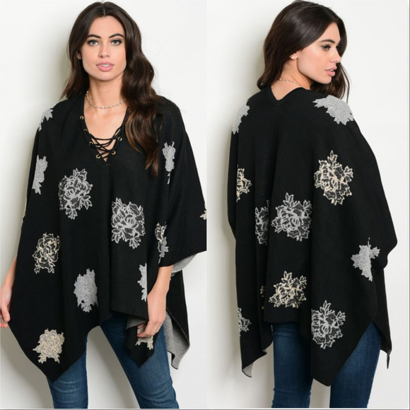 . Sweaters - BOHO BLACK FLORAL PRINT PONCHO